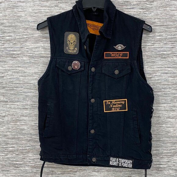 Dream Apparel Black Denim Biker Vest W/ Patches & Buttons Laced Sides Size L - Picture 1 of 16